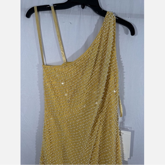NWT $598 Mac Duggal [ 6 ] Pearl One Shoulder Asymmetrical Hem‎ Dress Yellow - Picture 11 of 15